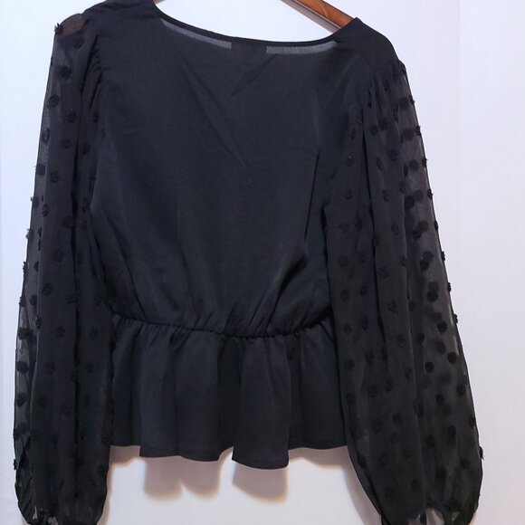 PEACH BLACK PEPLUM BLOUSE -CHIFFON SLEEVES CHENILLE DOTS FEMININE FIT (SIZE L) - Picture 6 of 9
